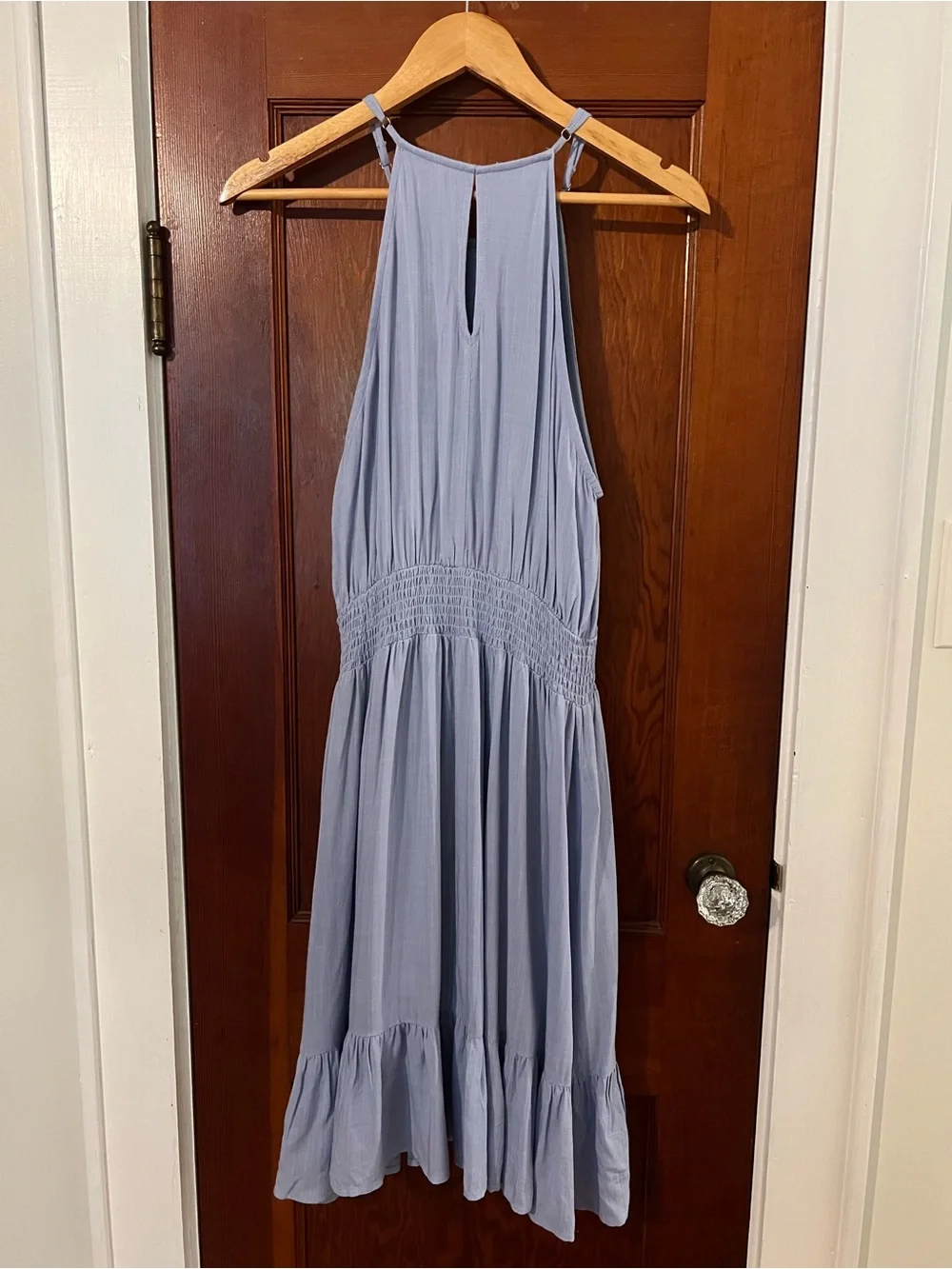 Staccato Blue Halter Midi Dress Size Medium Smocked Waist Flowy Dress